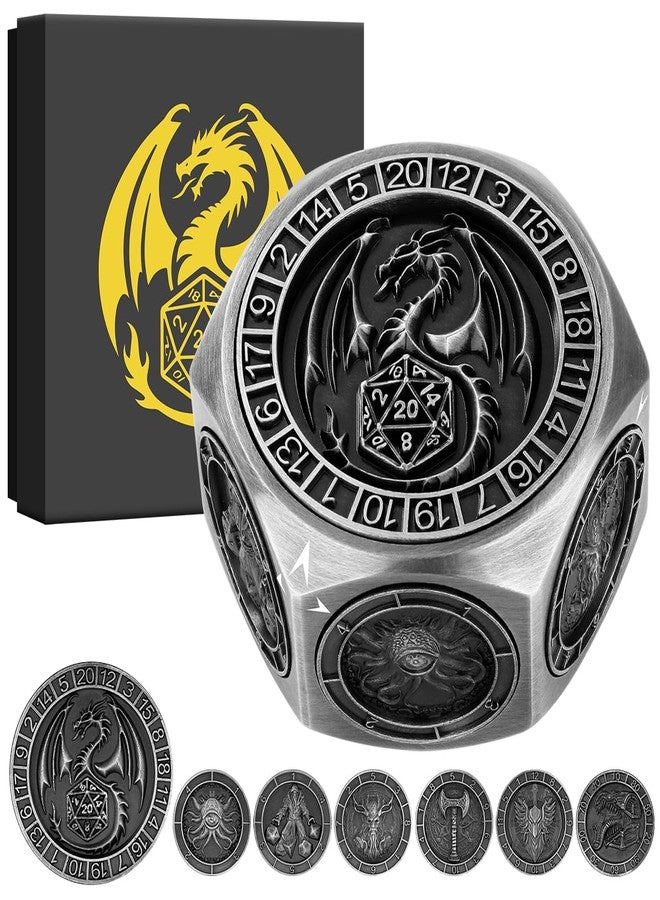 DND DADO DND Spinner Dice, 3D Hexagon Relief, 8-in-1 Metal Dice Set, D&D Polyhedral Rotating Game Dice, DND Gifts with Dragon Logo Gift Box, Role Play Board Game Accessories, Dark Silver - Image 2